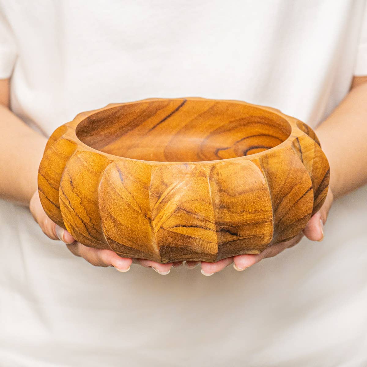 Fluted Round Teak Wood Bowl